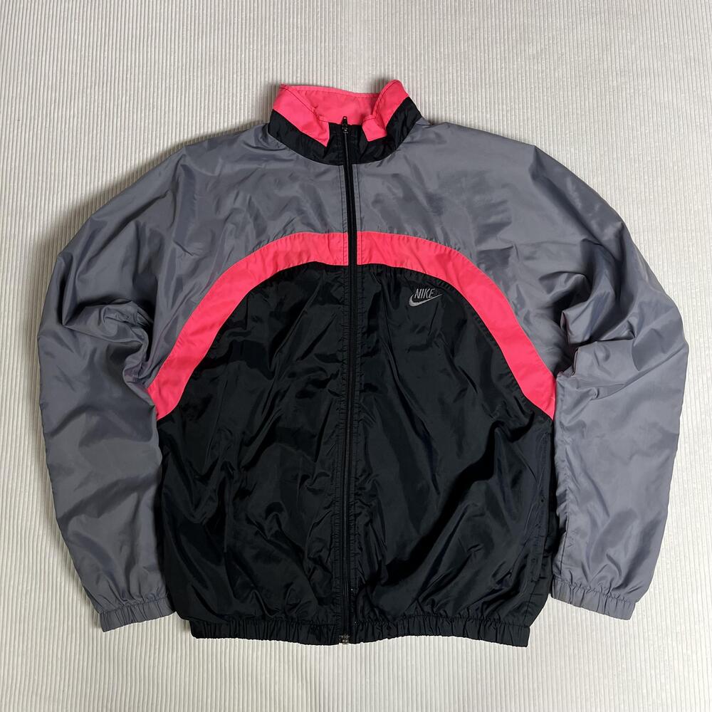 Vintage Nike Windbreaker Jacket Mens L Gray Black Pink Full Zip Colorblock 90s